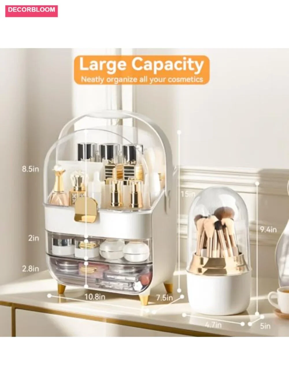 Large Capacity Makeup Organizer with Rotating Brush Holder, Dustproof Lid, 2